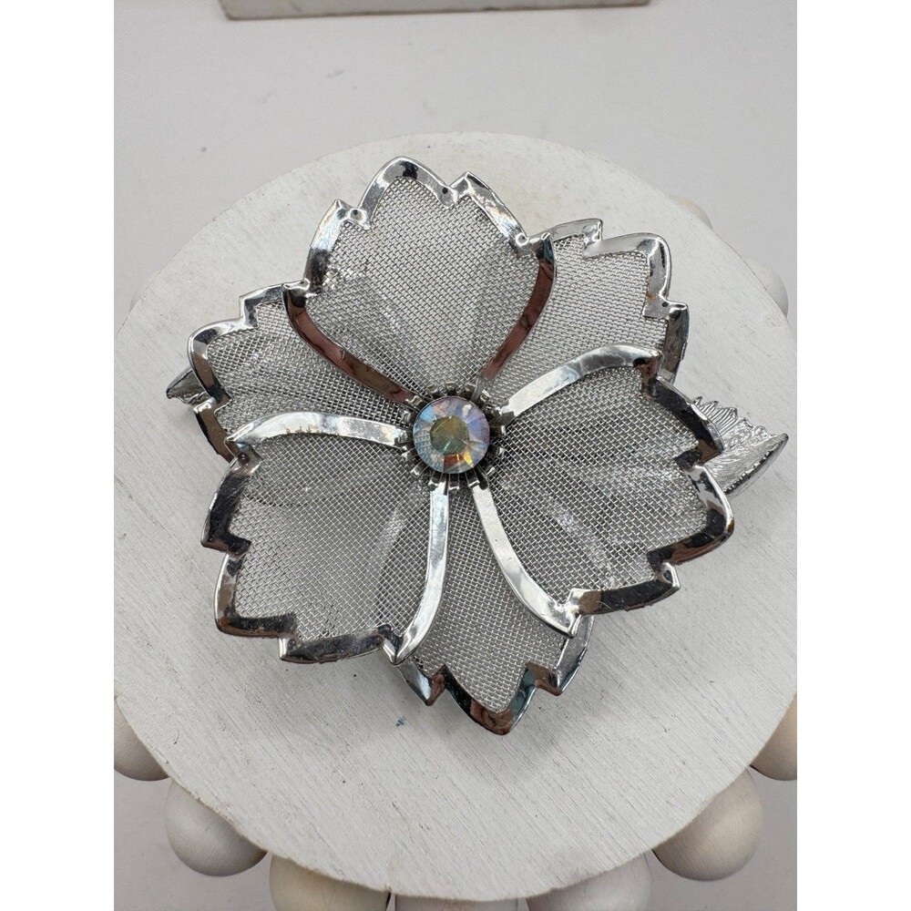 Vtg Silver Tone Mesh Large Flower Brooch Pin  50s 60s Whimsical Fairycore